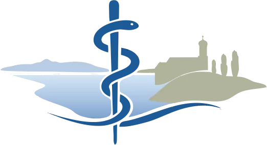 Logo der Hausarztpraxis Öhningen mit Äskulapstab und Bodensee-Landschaft